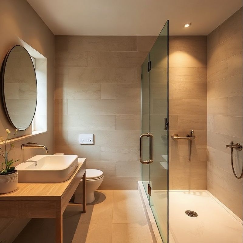 Salle de bain rénovée avec faïence sable doré et douche à l'italienne